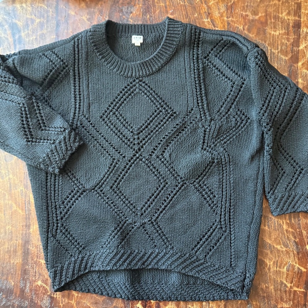 Uniq Black Chunky Geometric Knit Sweater Pullover Diamond Pattern 3/4 Sleeve SzM